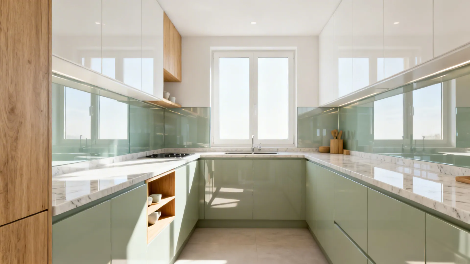 Small L-shaped kitchen with satin glass backsplash, pale quartz counters, and an open shelf reflecting soft daylight.