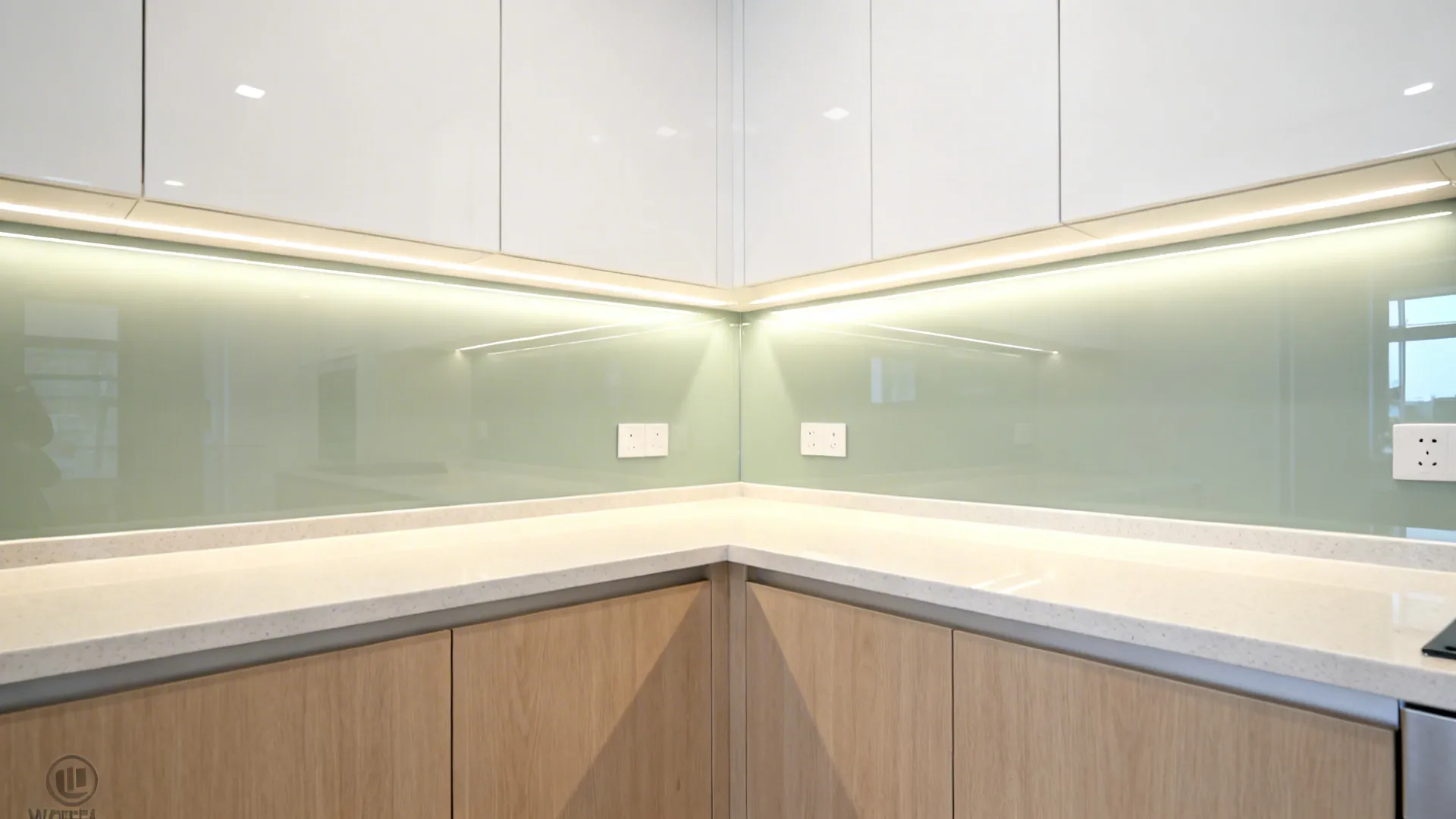 Modern kitchen corner with white upper cabinets glass backsplash wooden lower cabinets and white stone countertop