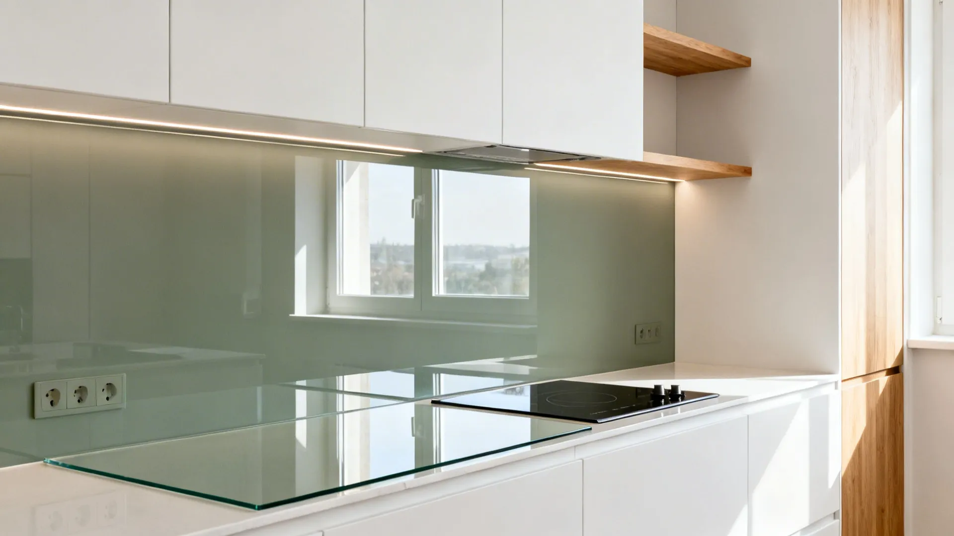 Modern white kitchen with green glass backsplash white cabinets wooden shelves black stove and bright lights