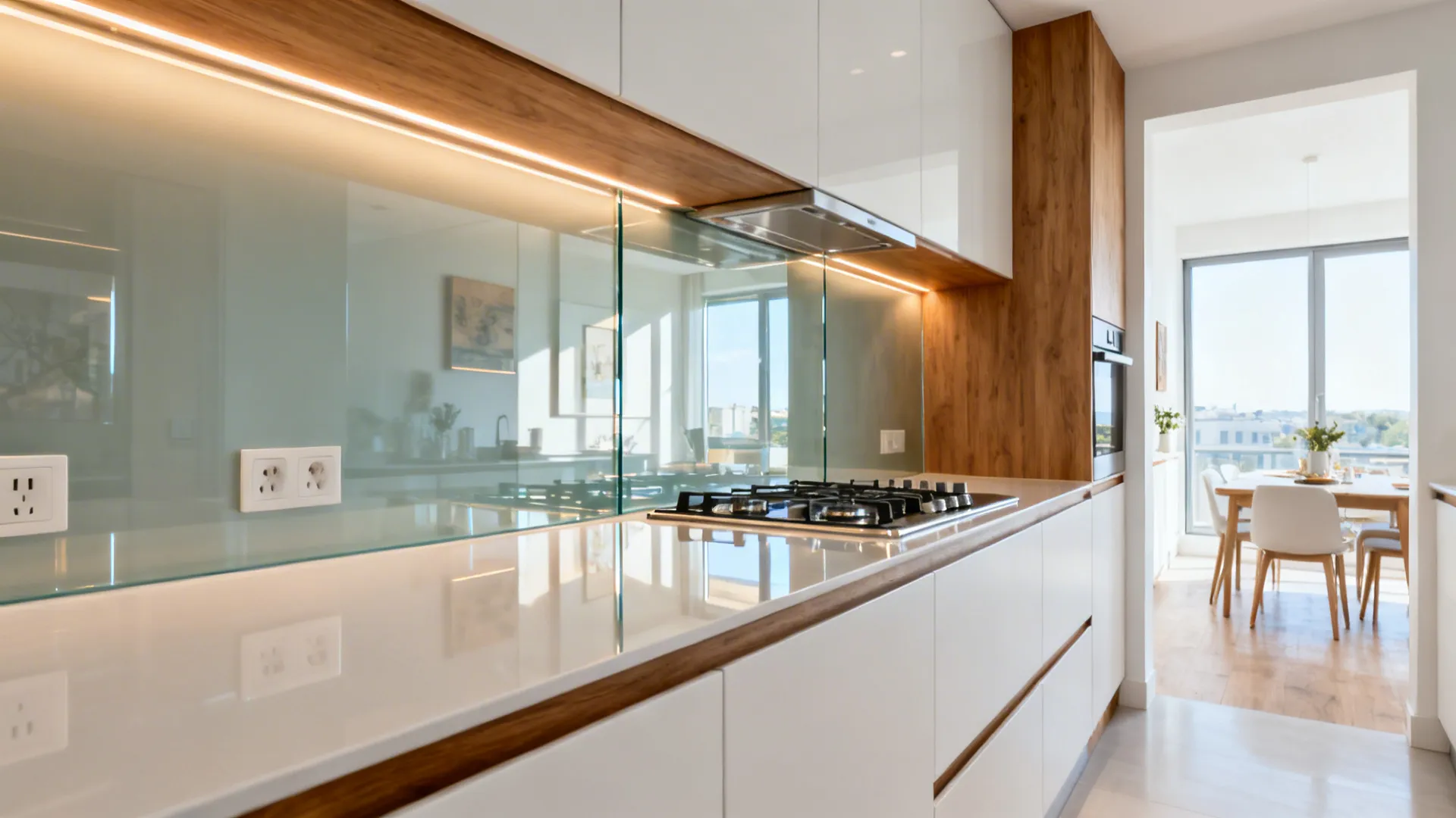 Small kitchen with a full-height low-iron glass backsplash reflecting warm under-cabinet light.