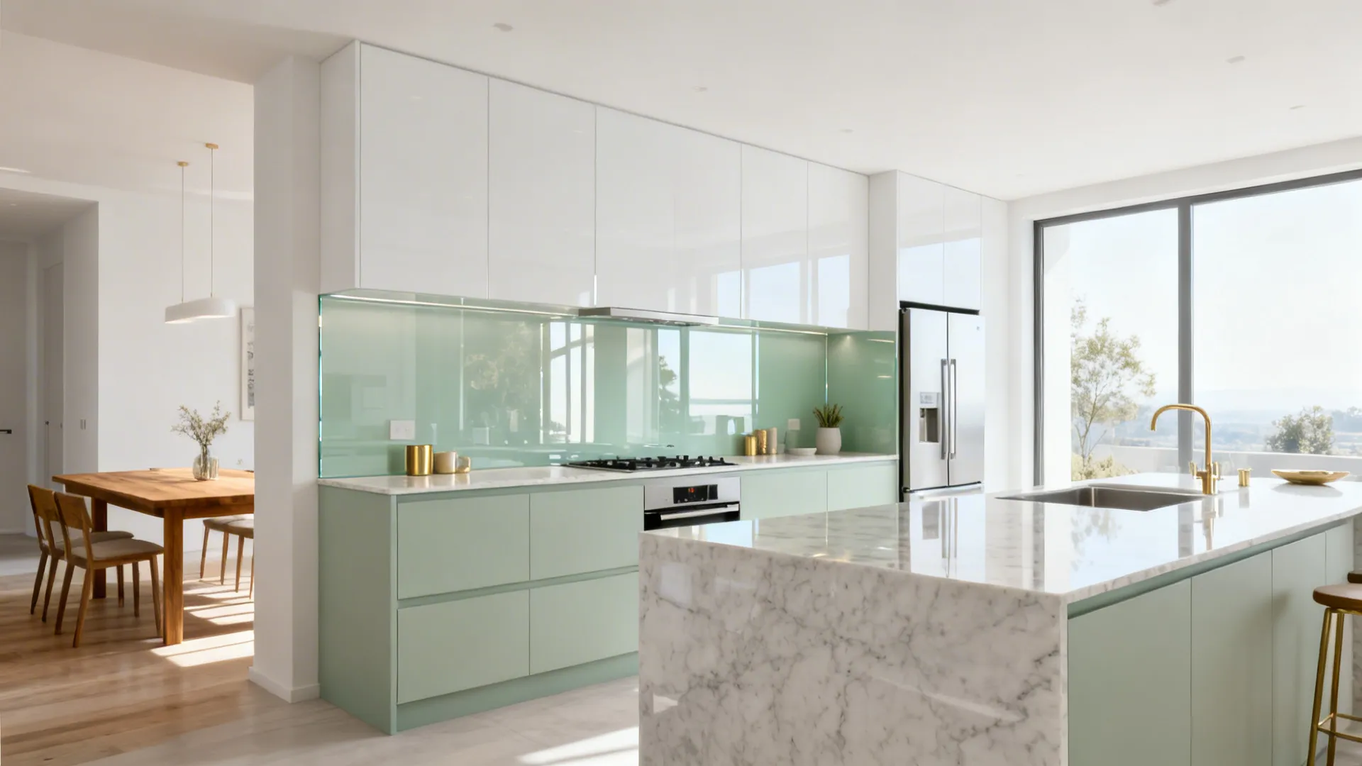 L-shaped kitchen with pale sage back-painted glass backsplash reflecting soft daylight.