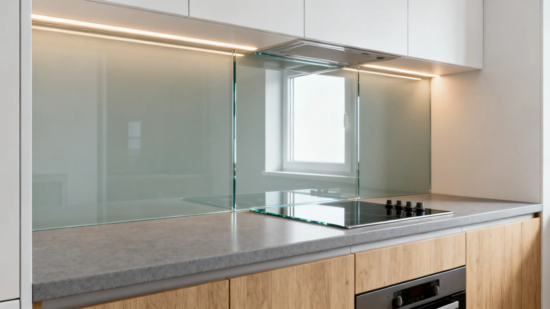 Low-iron glass backsplash reflecting soft daylight above a gray counter in a small kitchen.