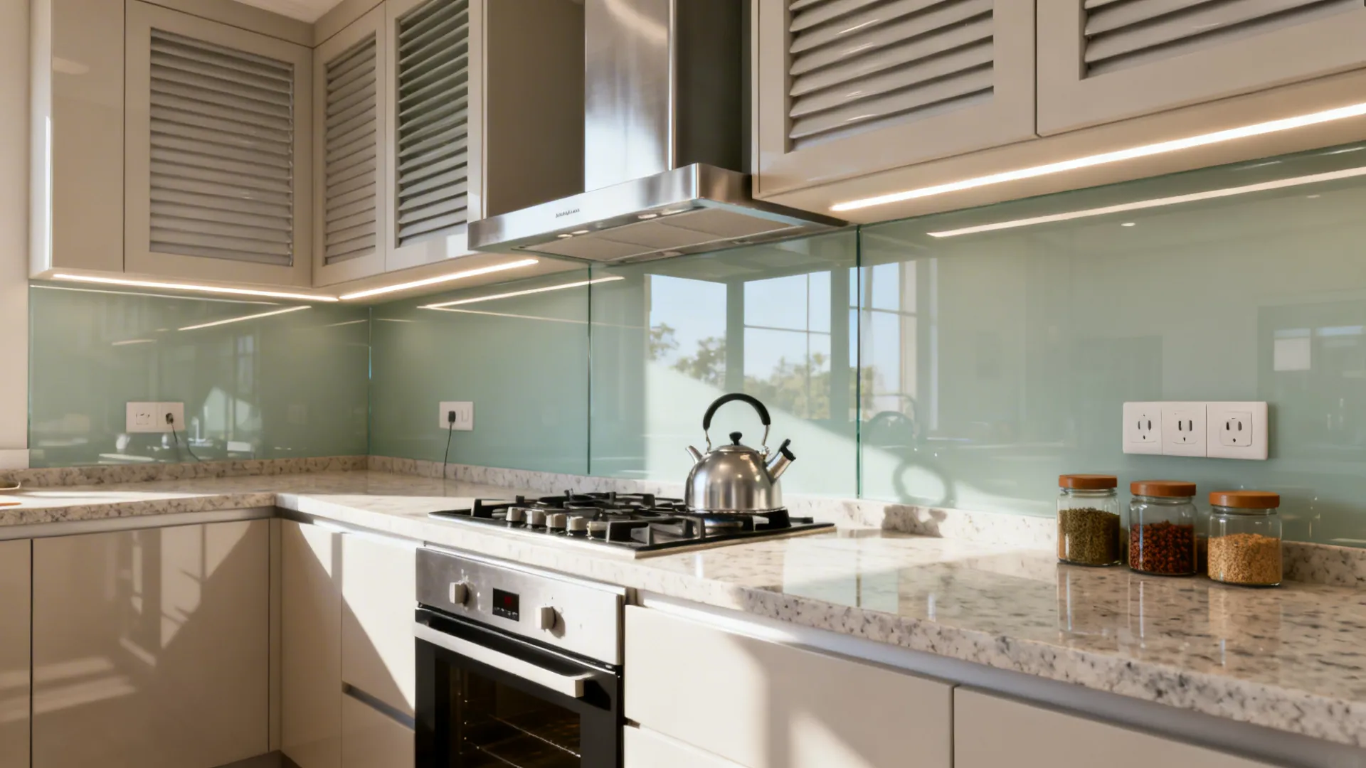 Semi modular kitchen with a mid-tone tempered glass backsplash reflecting soft daylight.
