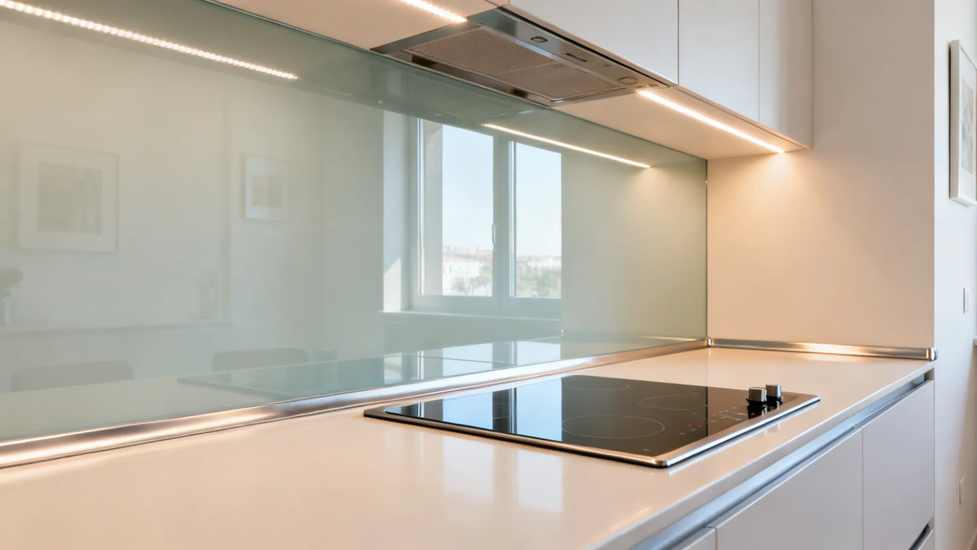 Narrow galley kitchen with low-iron glass backsplash and LED strip creating bright depth.