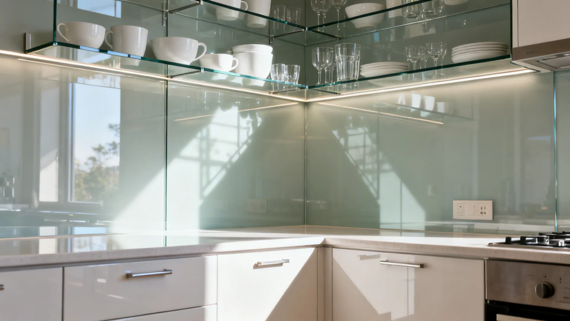 Modern kitchen corner with glass backsplash white cabinets glass shelves and white coffee mugs with light