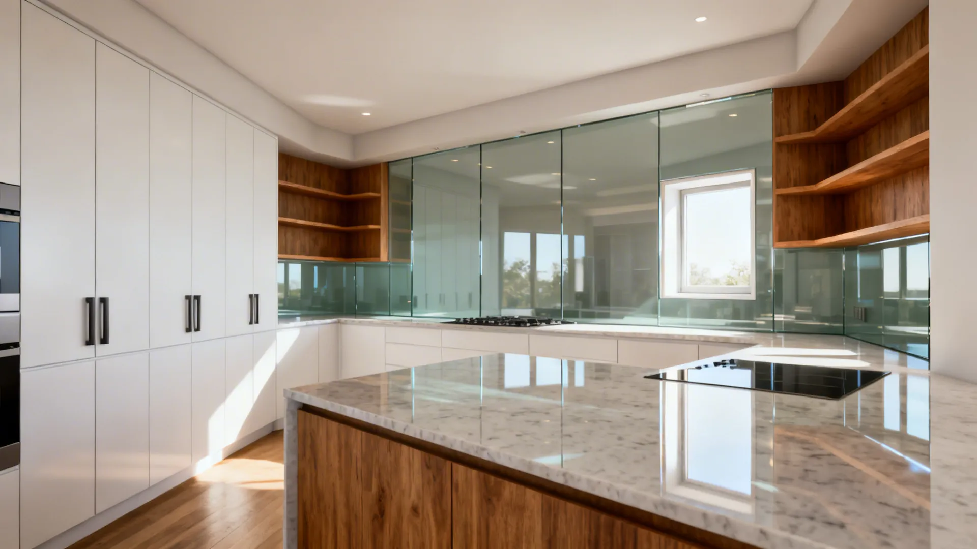 U-shaped kitchen with a low-iron glass backsplash reflecting soft daylight.
