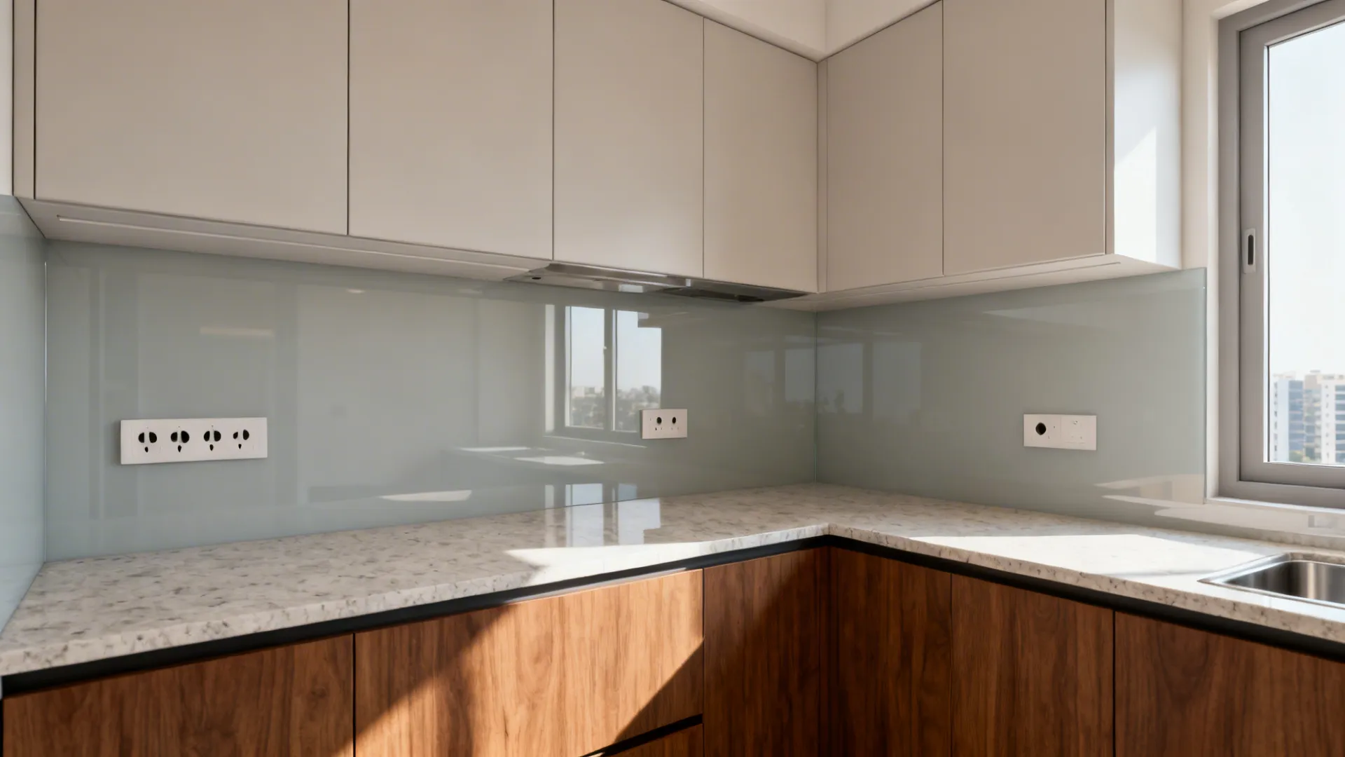 Compact kitchen with pale grey back-painted glass backsplash reflecting soft light.