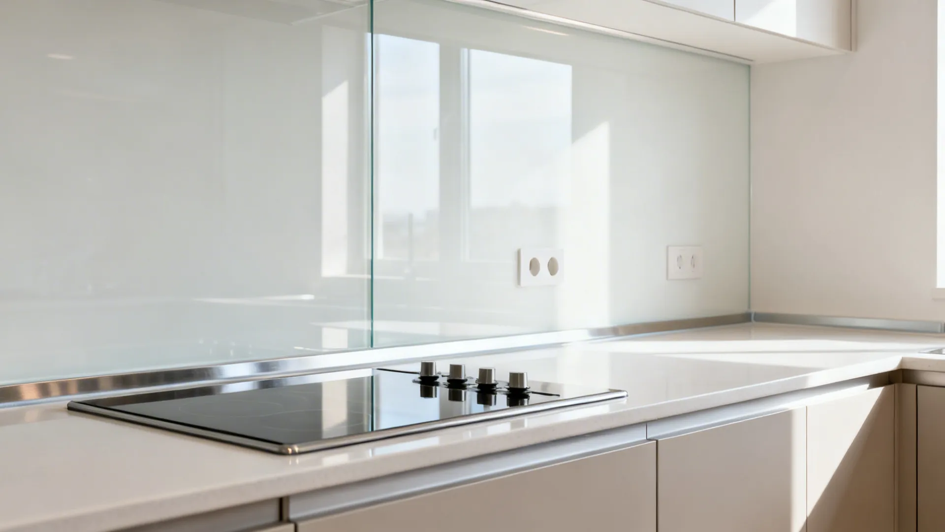 Small kitchen with seamless soft-white back-painted glass backsplash reflecting light over the counter.