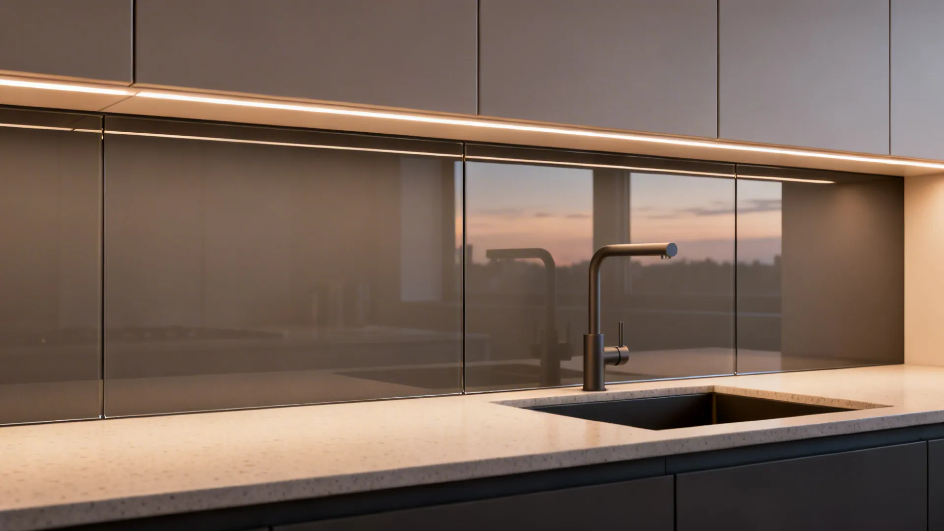 Back-painted warm gray glass backsplash reflecting under-cabinet lighting in a compact kitchen.