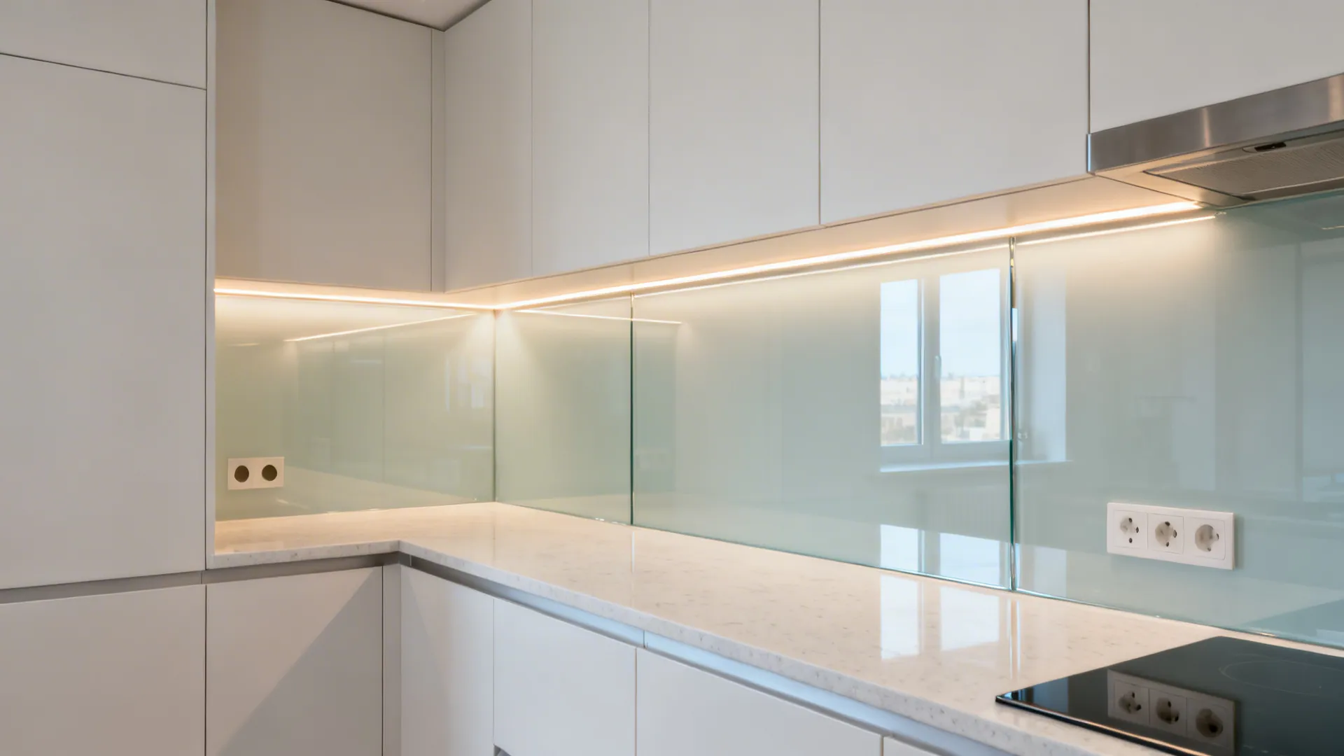 Low-iron glass backsplash with warm LED under-cabinet lighting in a compact kitchen.