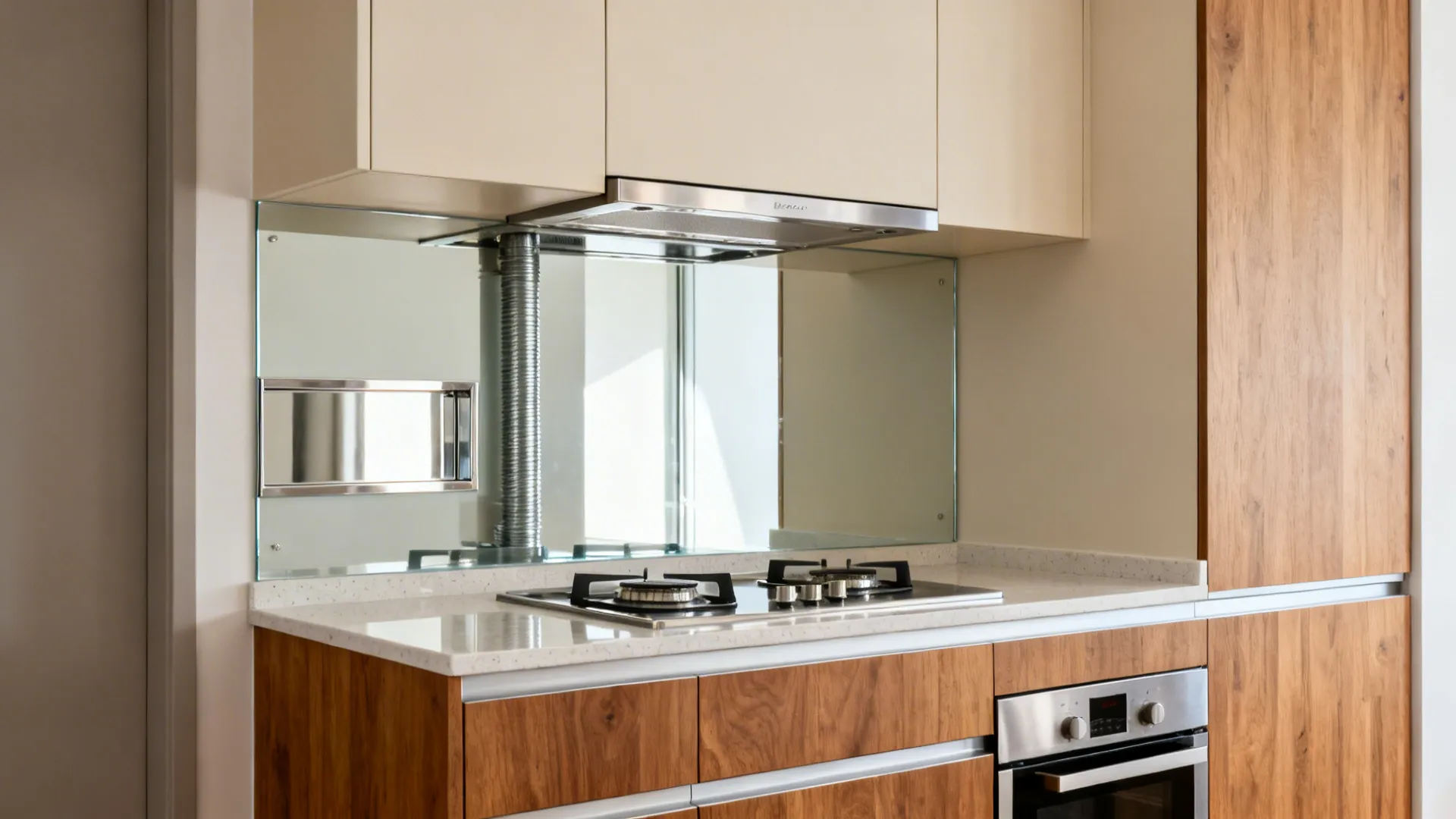 Compact cook wall with 6 mm tempered glass backsplash, slim hood, and mirrored return for added depth.