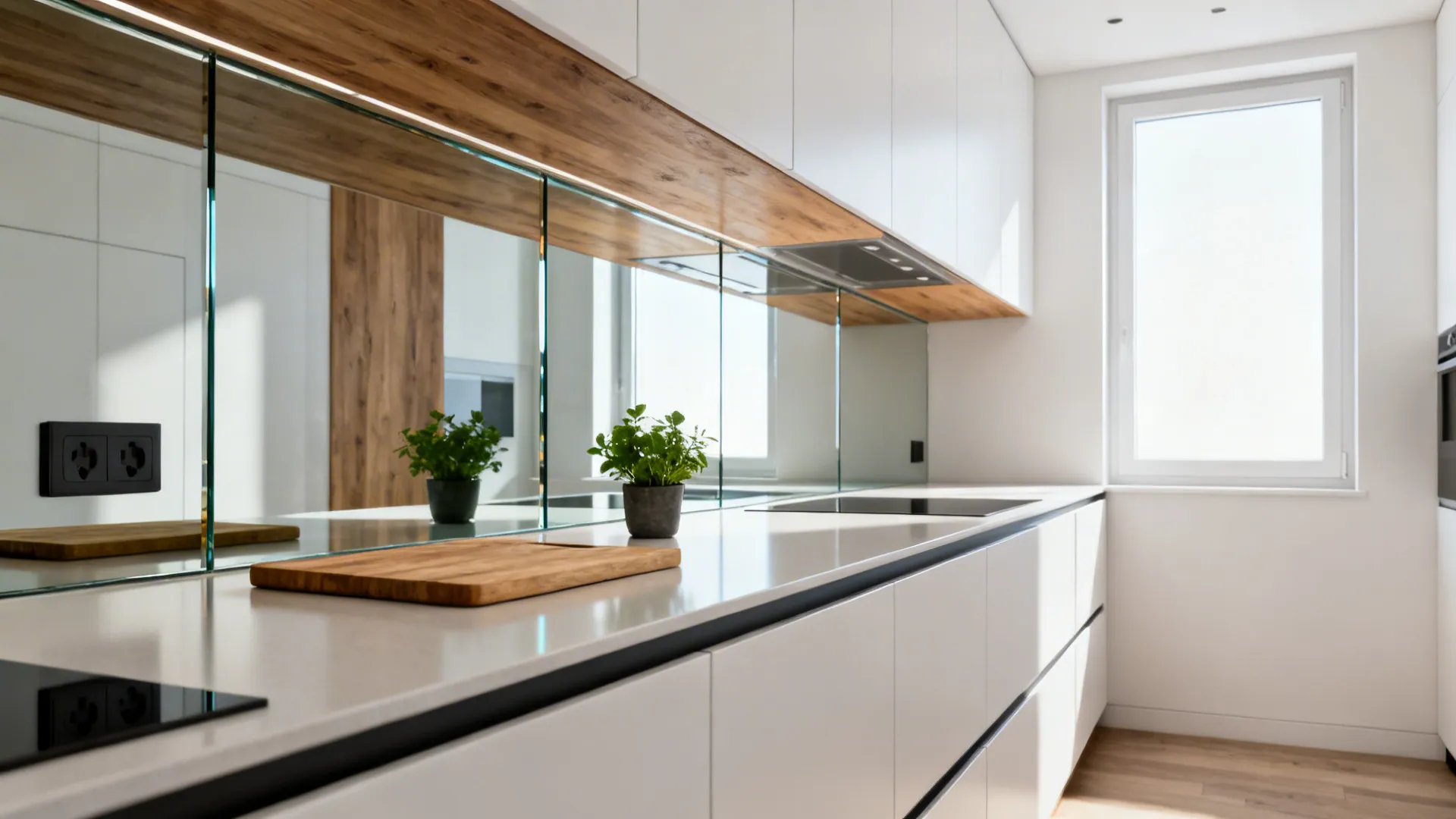 Narrow galley kitchen with a seamless low-iron glass backsplash reflecting daylight.