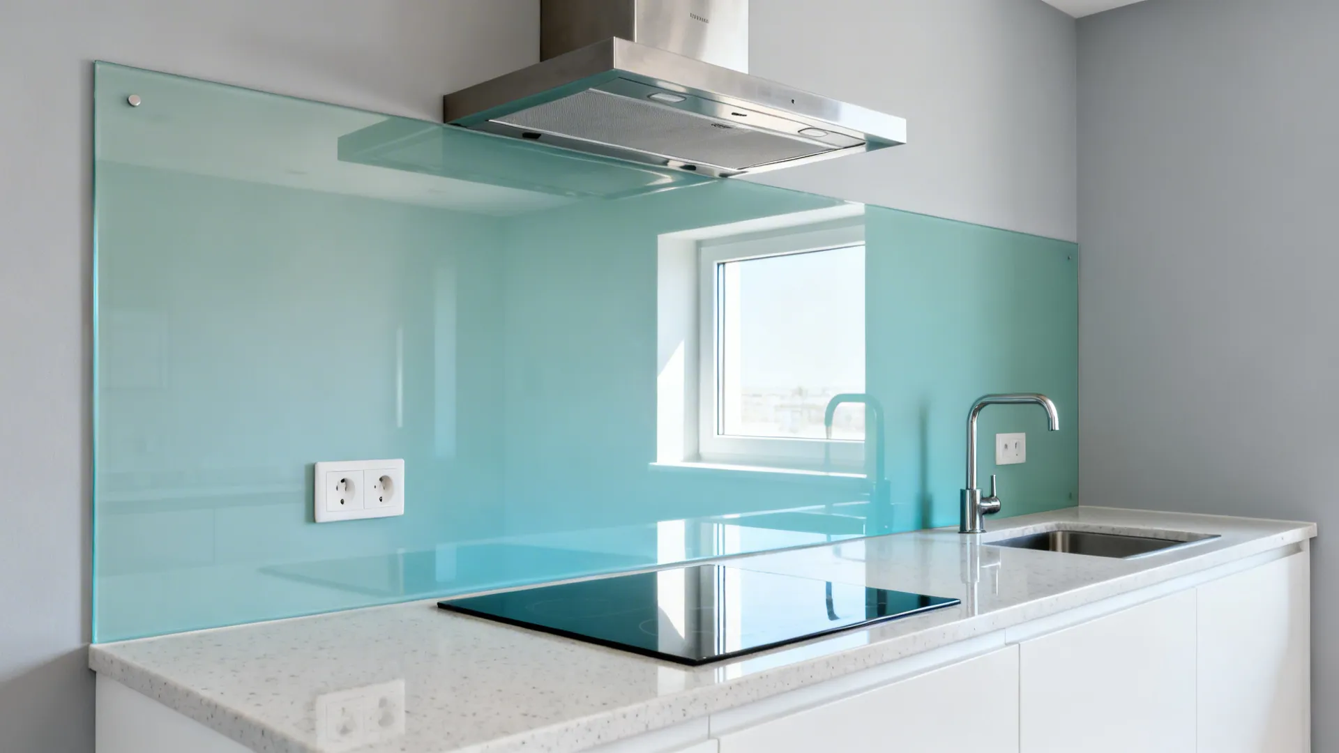 Glossy tempered glass backsplash reflecting daylight in a compact kitchen.