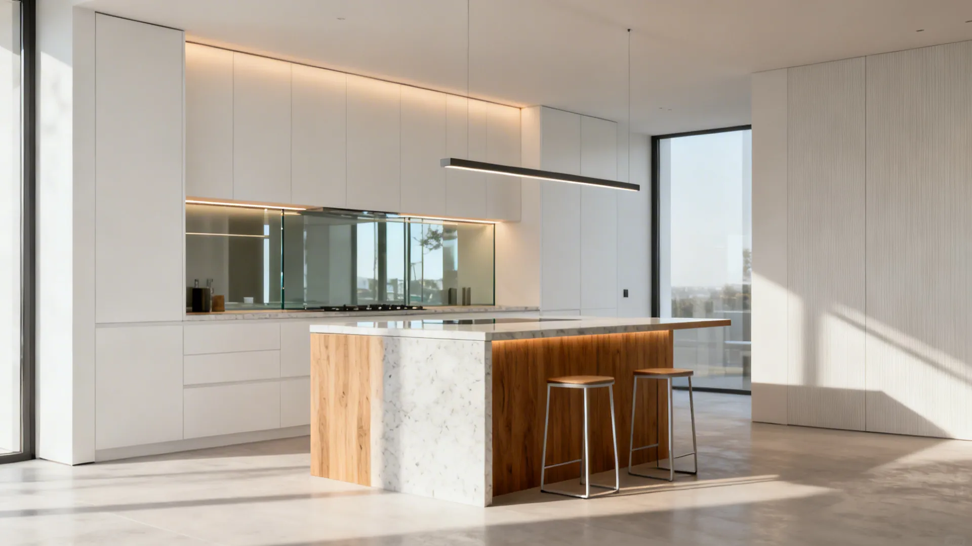 Low-iron glass backsplash reflects light behind a slim island in a compact kitchen.