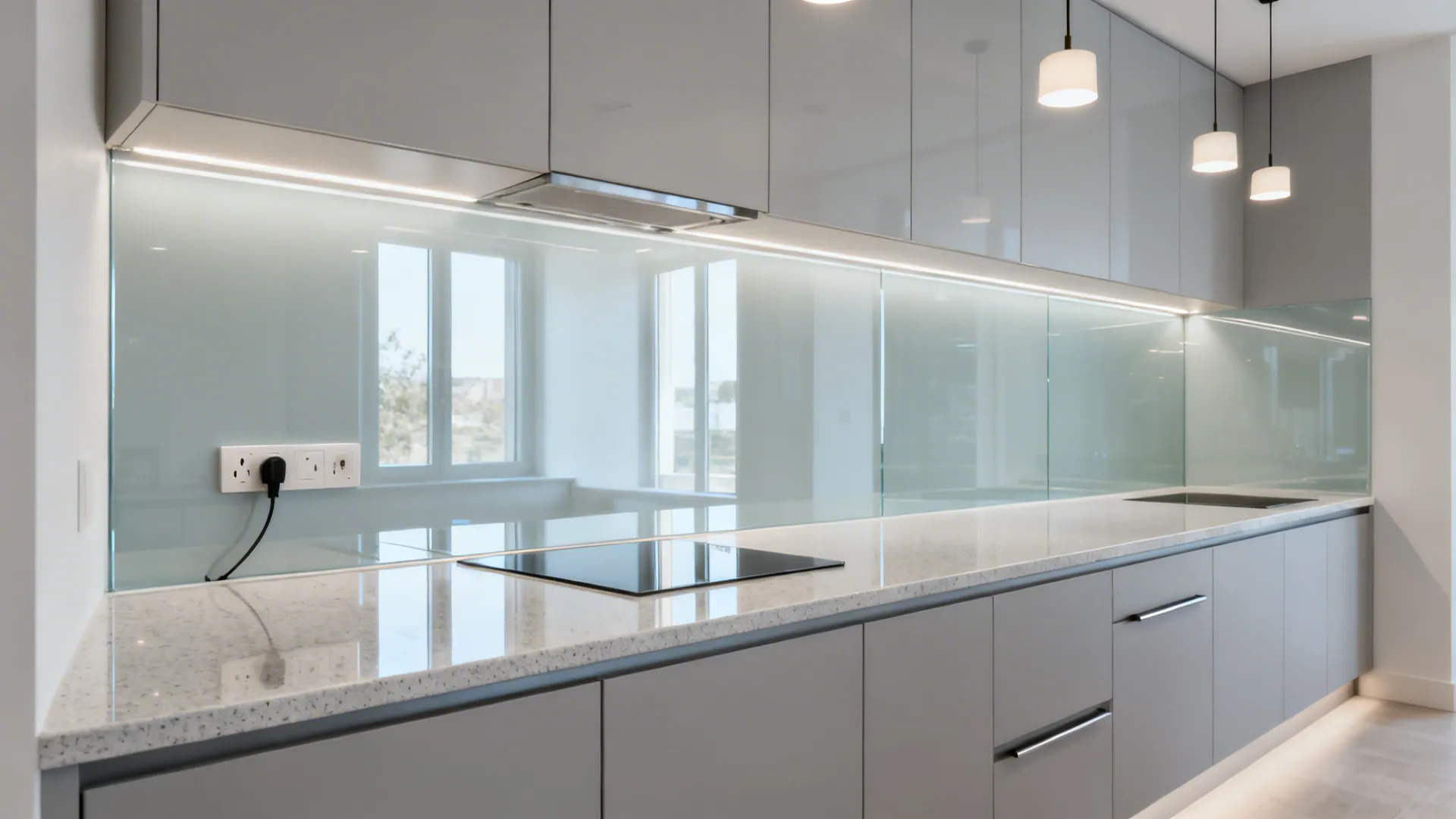 Small kitchen with continuous low-iron glass backsplash reflecting soft daylight for extra brightness.