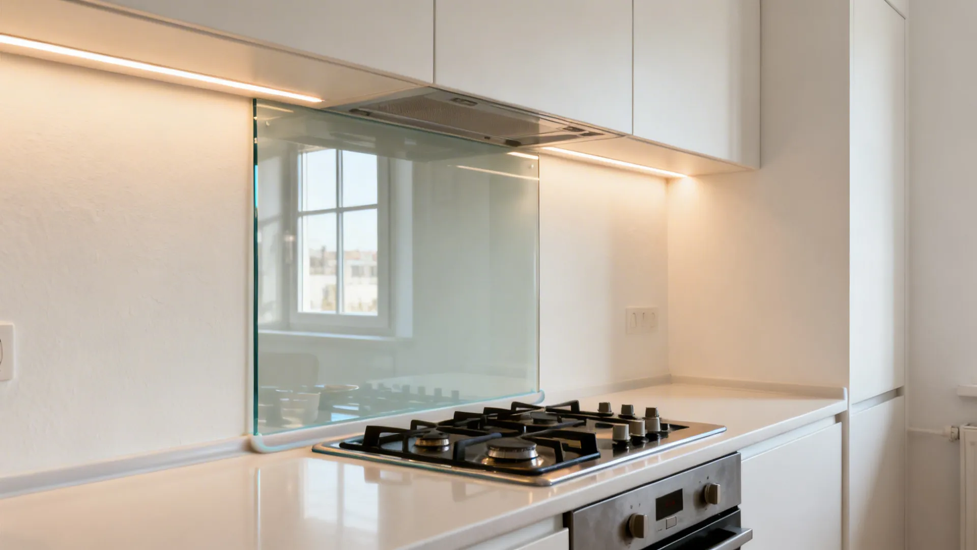 Bright kitchen with white cabinets glass wall protector behind gas stove and warm under lighting