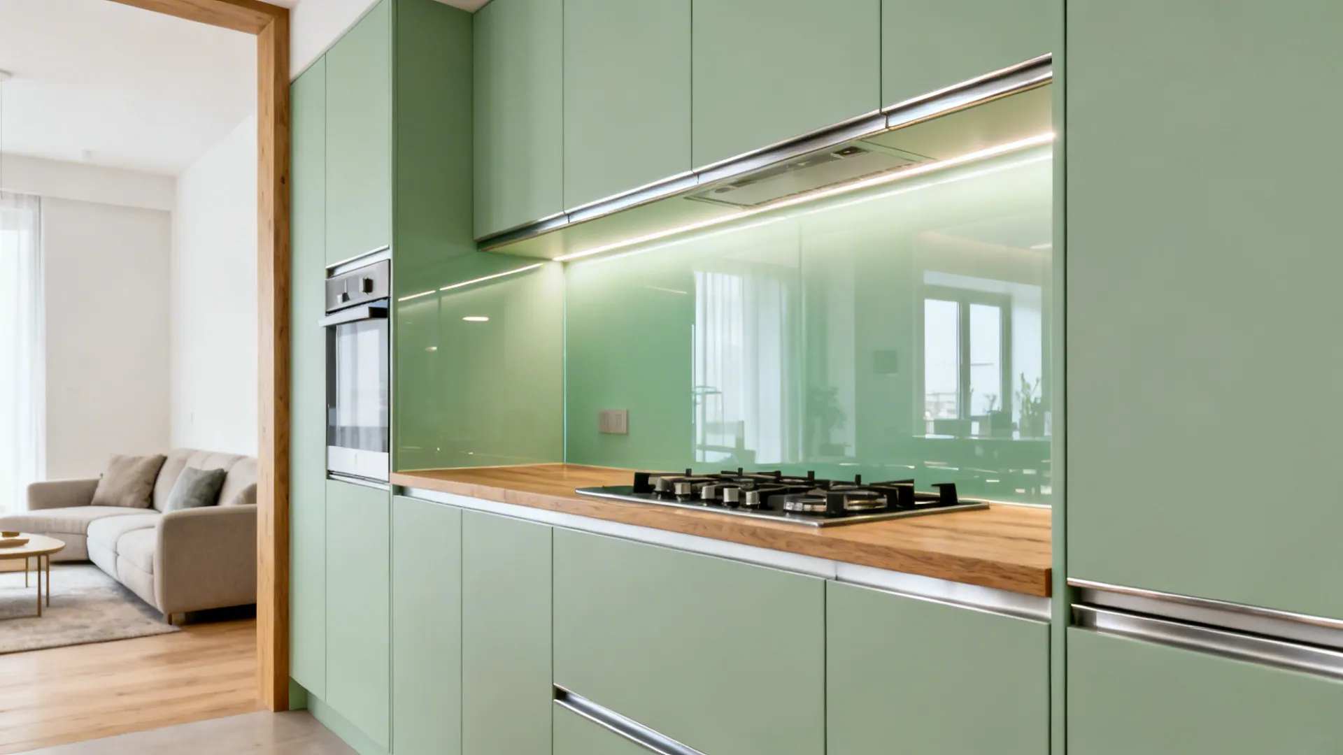 Small open kitchen with a pale green glass backsplash and subtle metal trims brightening the cook zone.