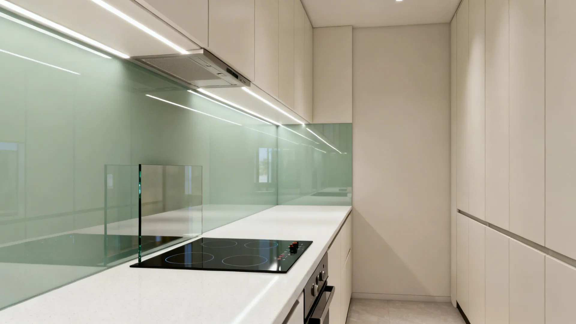 Modern white kitchen with green glass wall panel under cabinet lights and a black stove