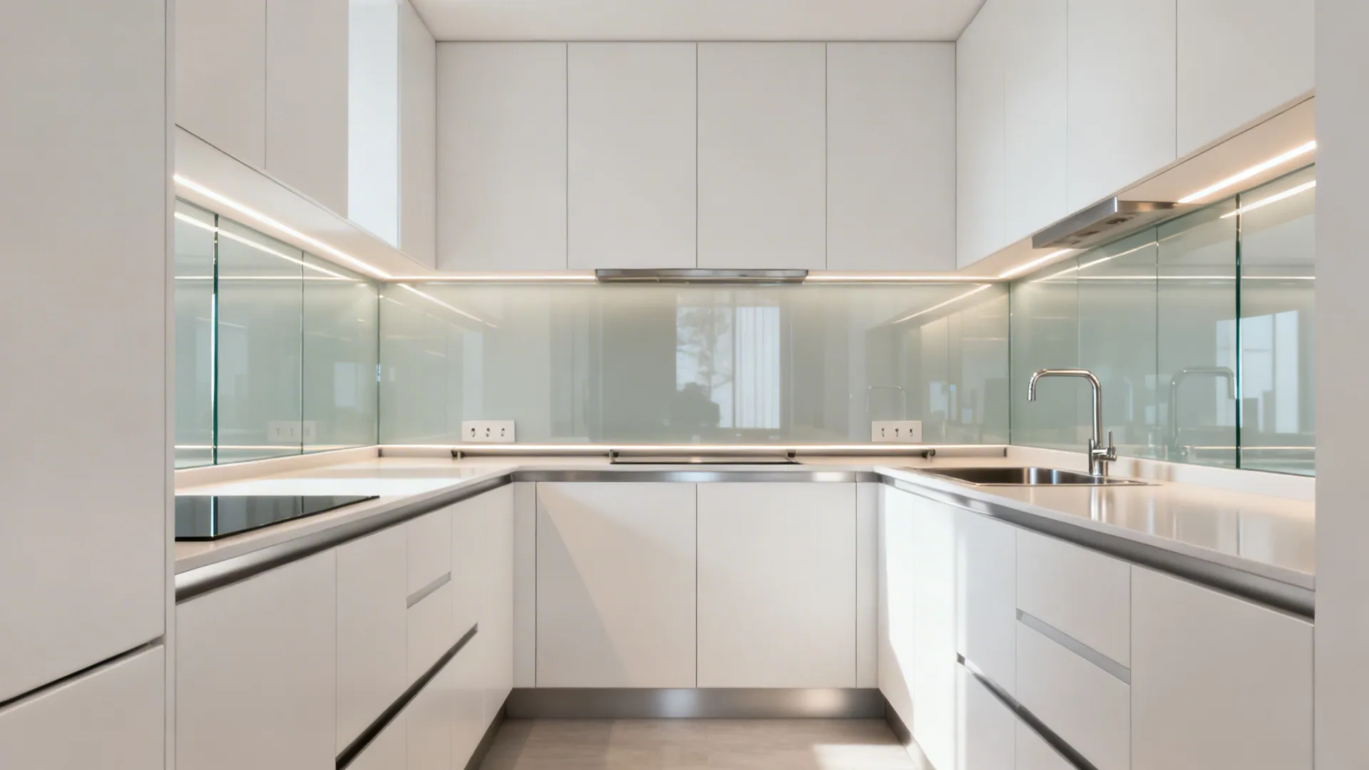 Small galley kitchen with a low-iron glass backsplash reflecting light for depth and easy cleaning.