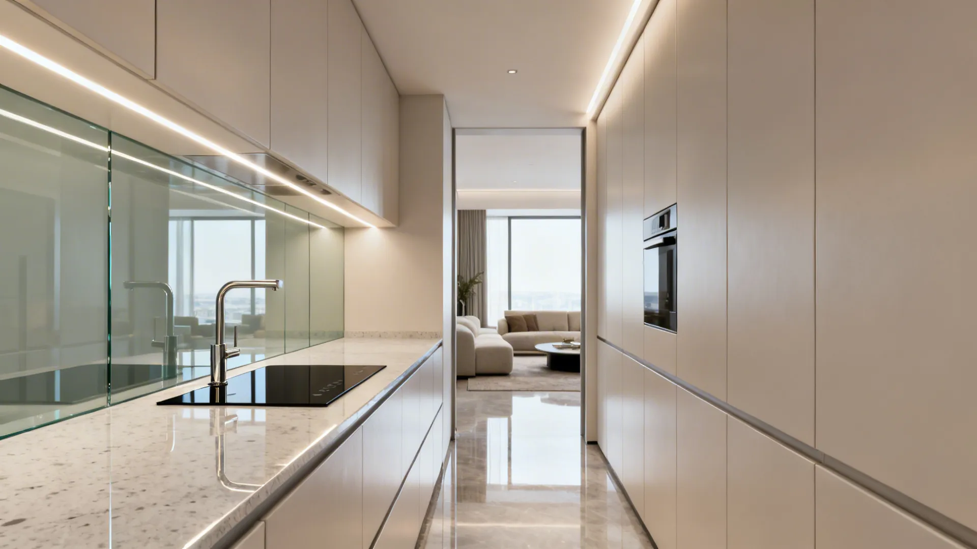Small open galley kitchen with a low-iron glass backsplash reflecting soft light.