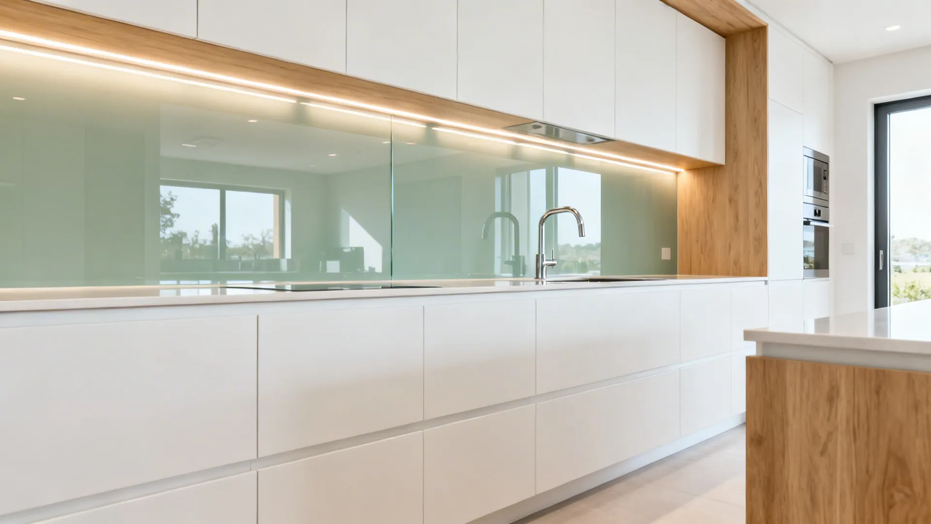 Small modern galley kitchen with a pale glass backsplash softly reflecting under-cabinet LEDs.