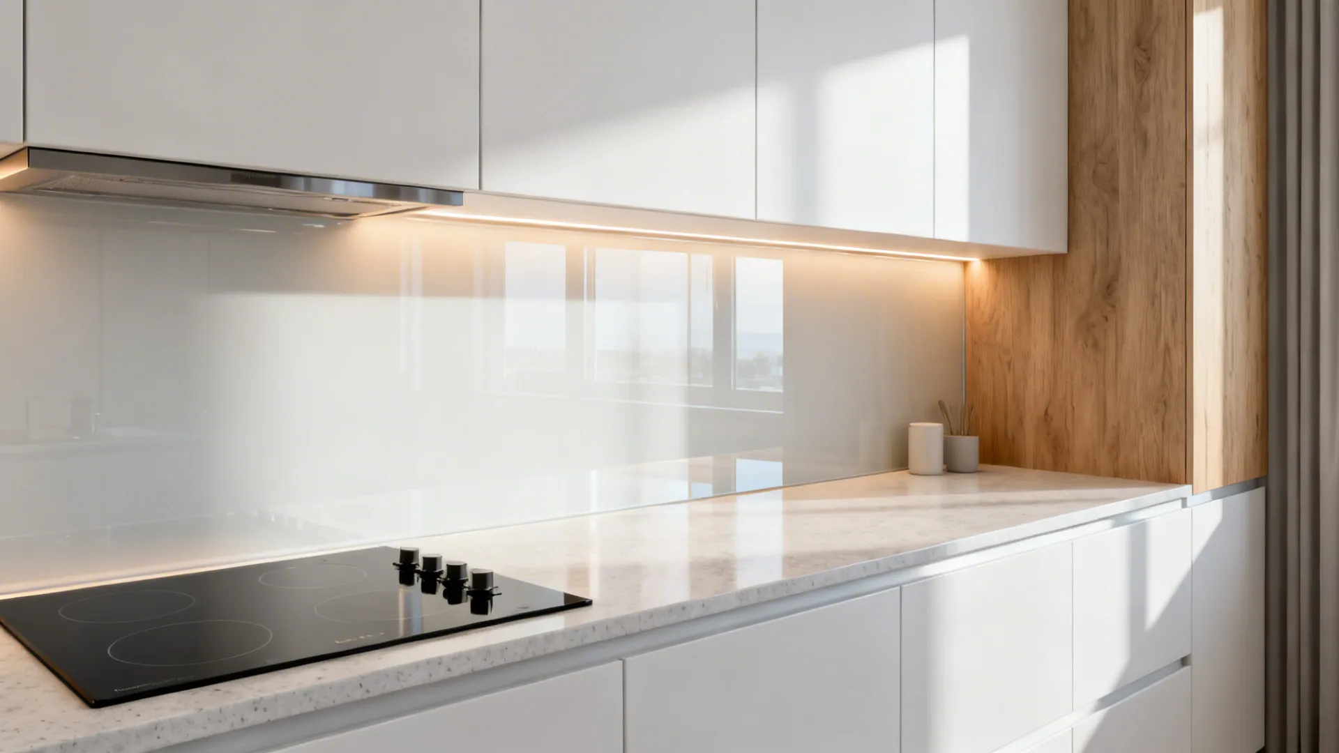 Compact kitchen with satin glass backsplash reflecting daylight and under-cabinet LEDs.