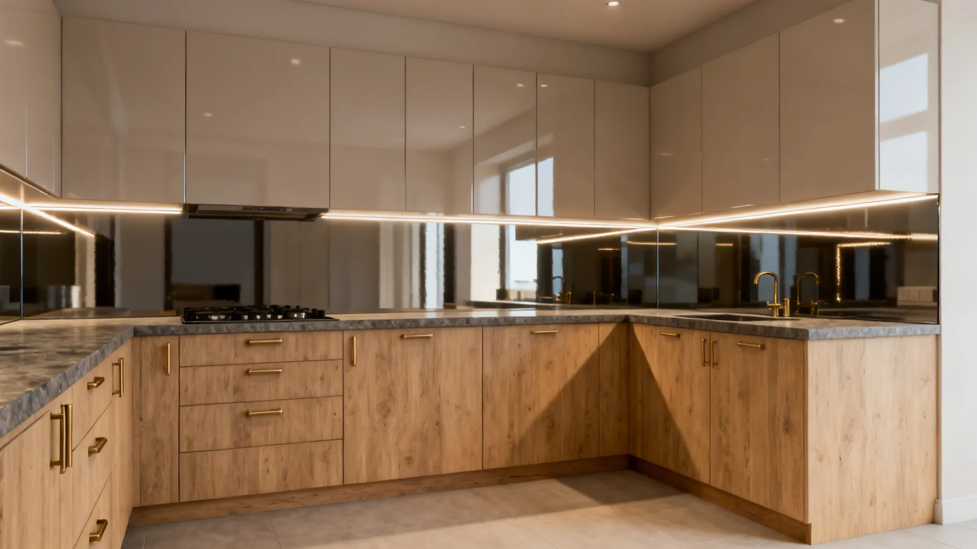 L-shaped kitchen with glossy back-painted glass backsplash and satin uppers reflecting warm task light.