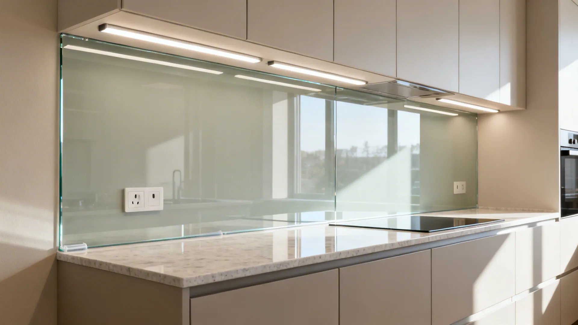 Glass backsplash for brighter, deeper sightlines