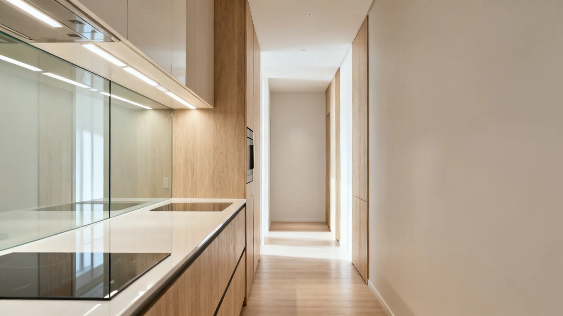 Narrow kitchen with a seamless low-iron glass backsplash and glossy cabinets.
