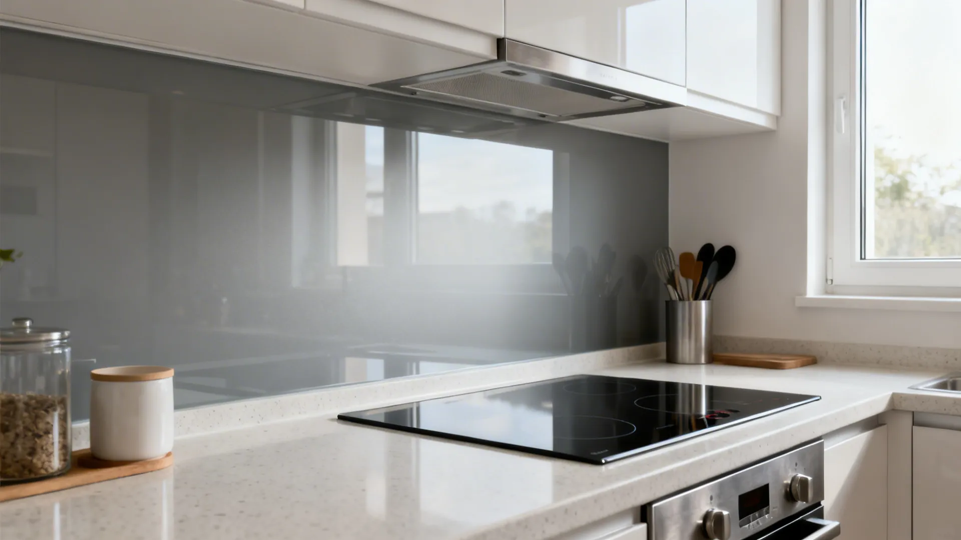 Compact kitchen with satin low-iron gray glass backsplash reflecting soft daylight.