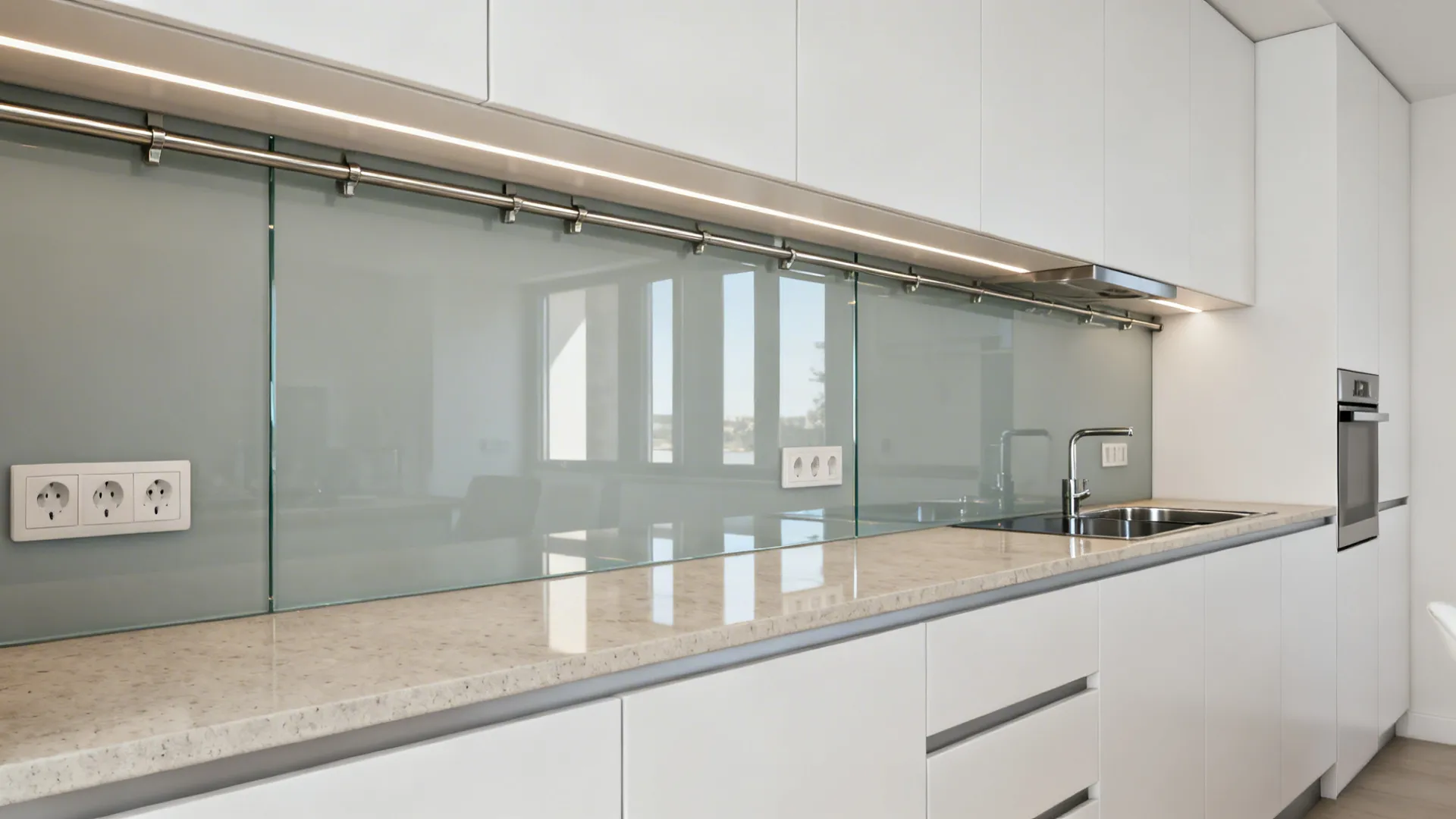 Small galley kitchen with a glass backsplash aligned to the underside of upper cabinets.