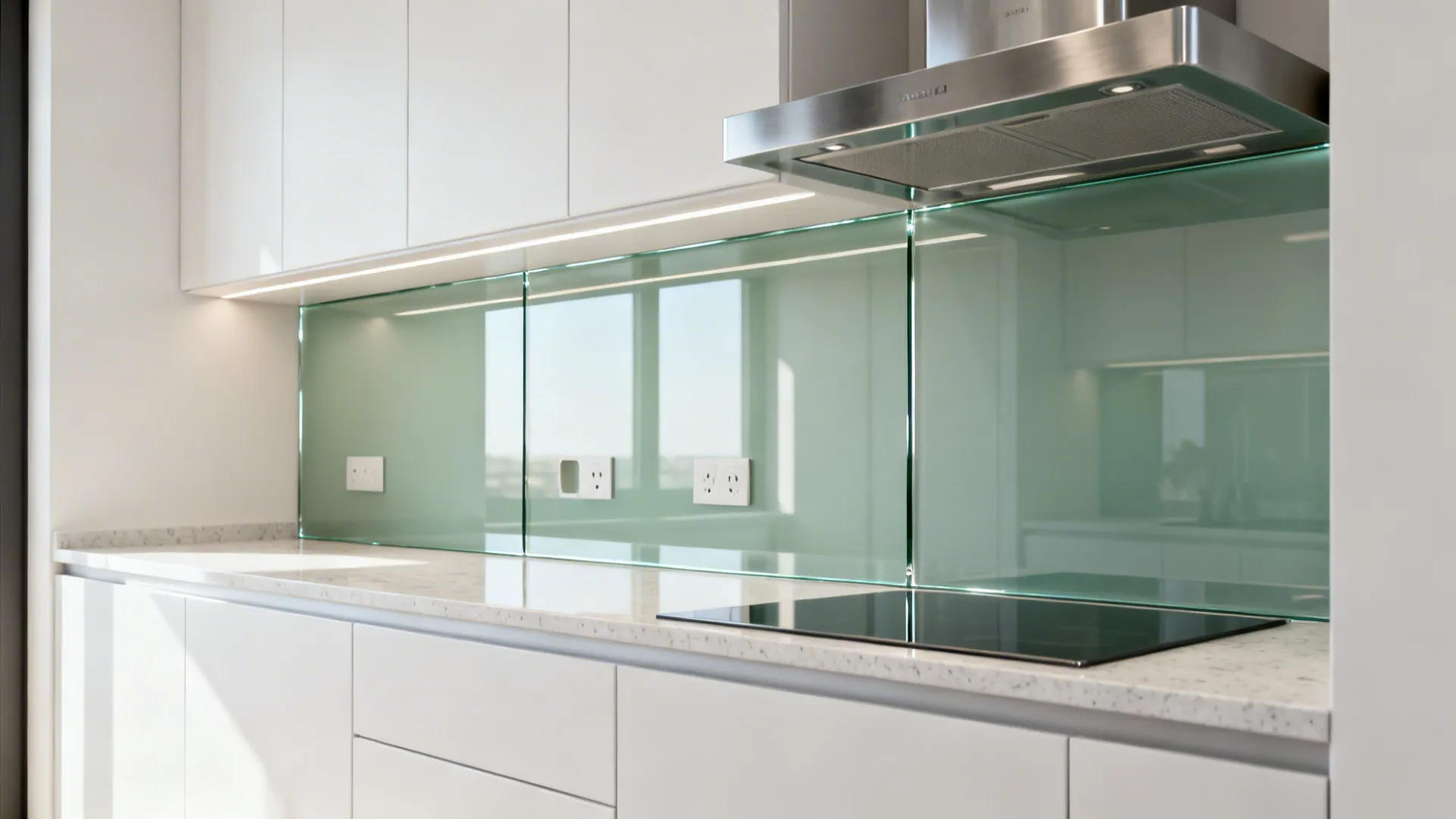 Compact kitchen with a seamless tempered glass backsplash reflecting soft daylight.