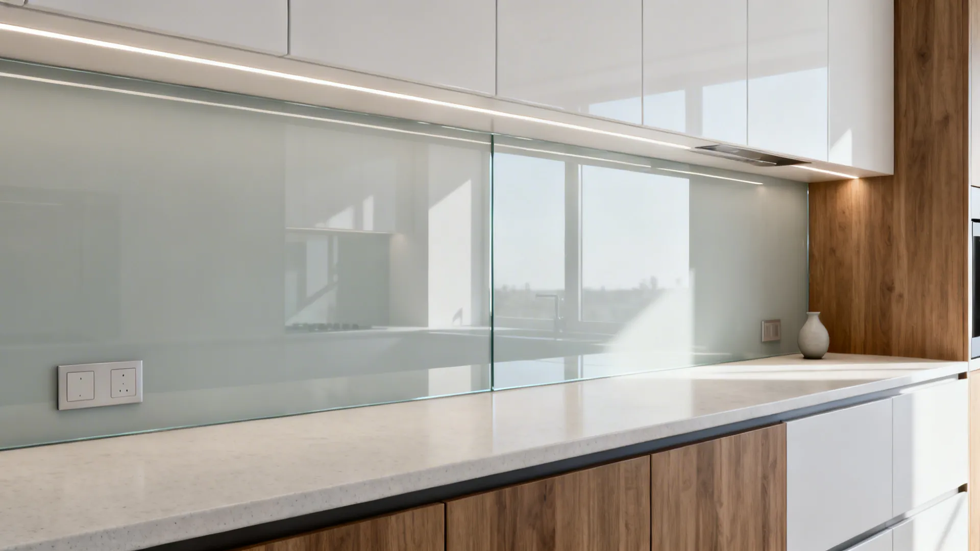 Back-painted glass backsplash reflecting light above a matte quartz counter in a 10x12 kitchen.