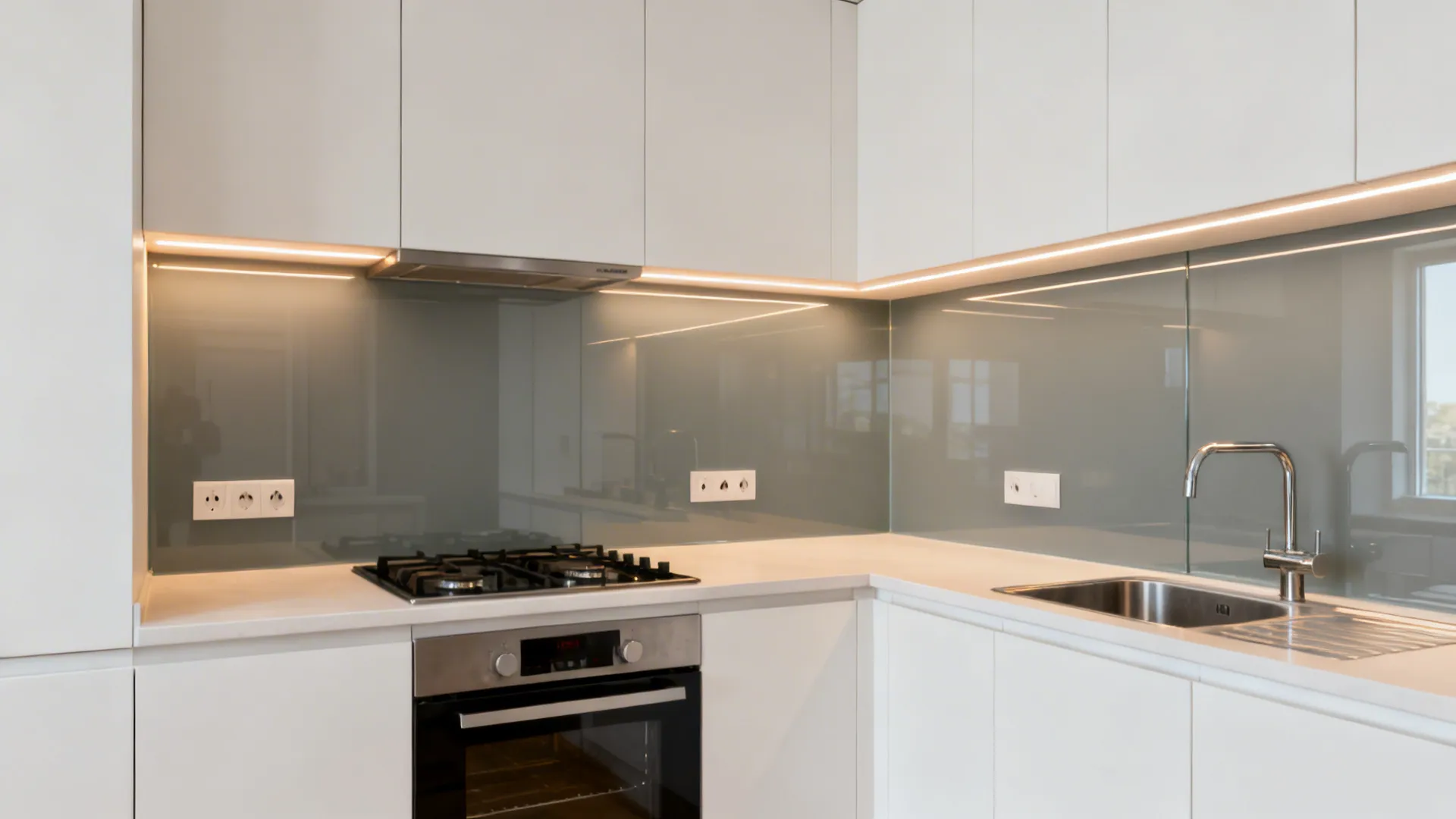 Mist-gray glass backsplash reflecting warm under-cabinet light in a modern kitchen.