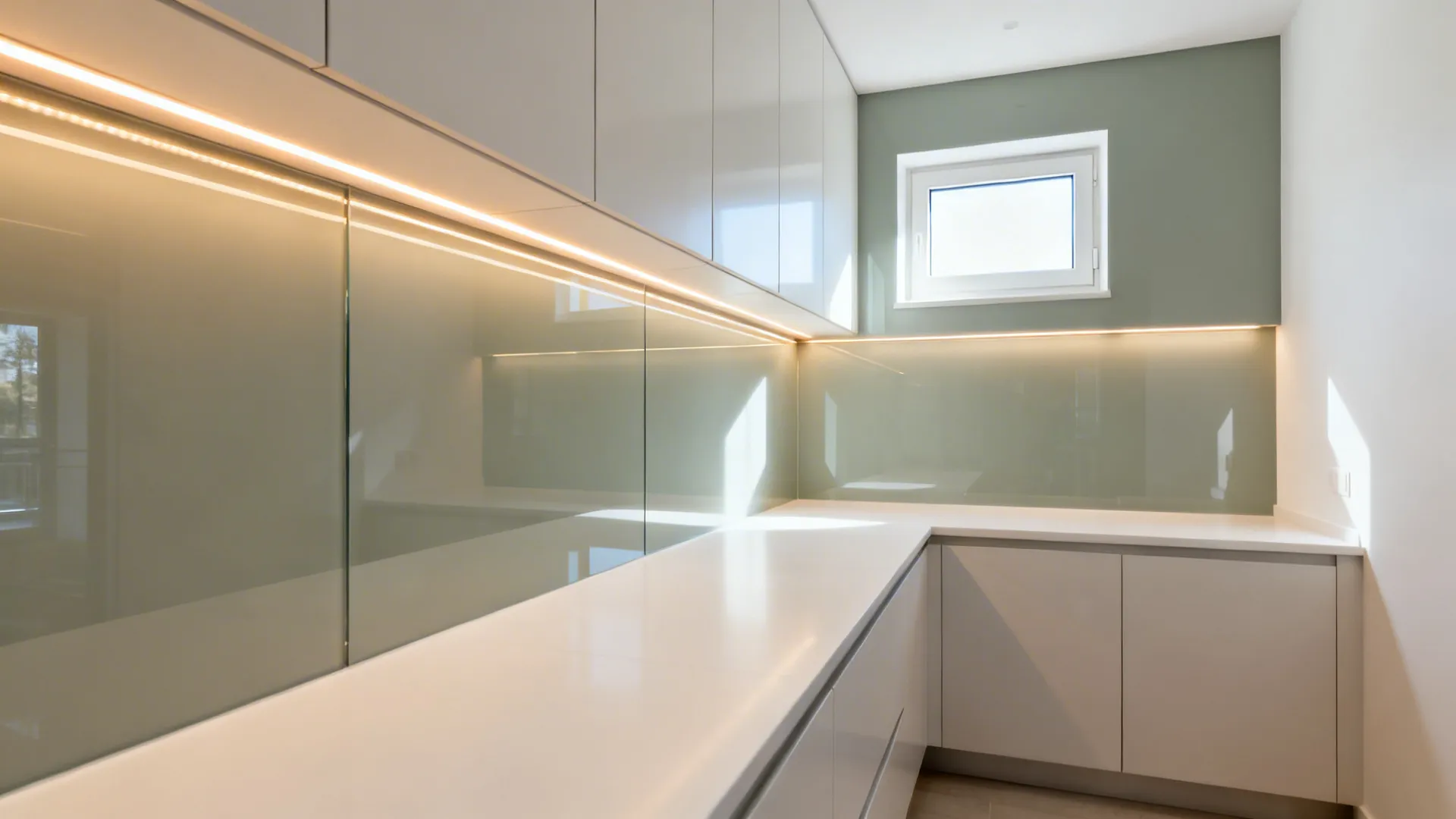 Soft sage back-painted glass backsplash reflecting daylight and warm under-cabinet LEDs.