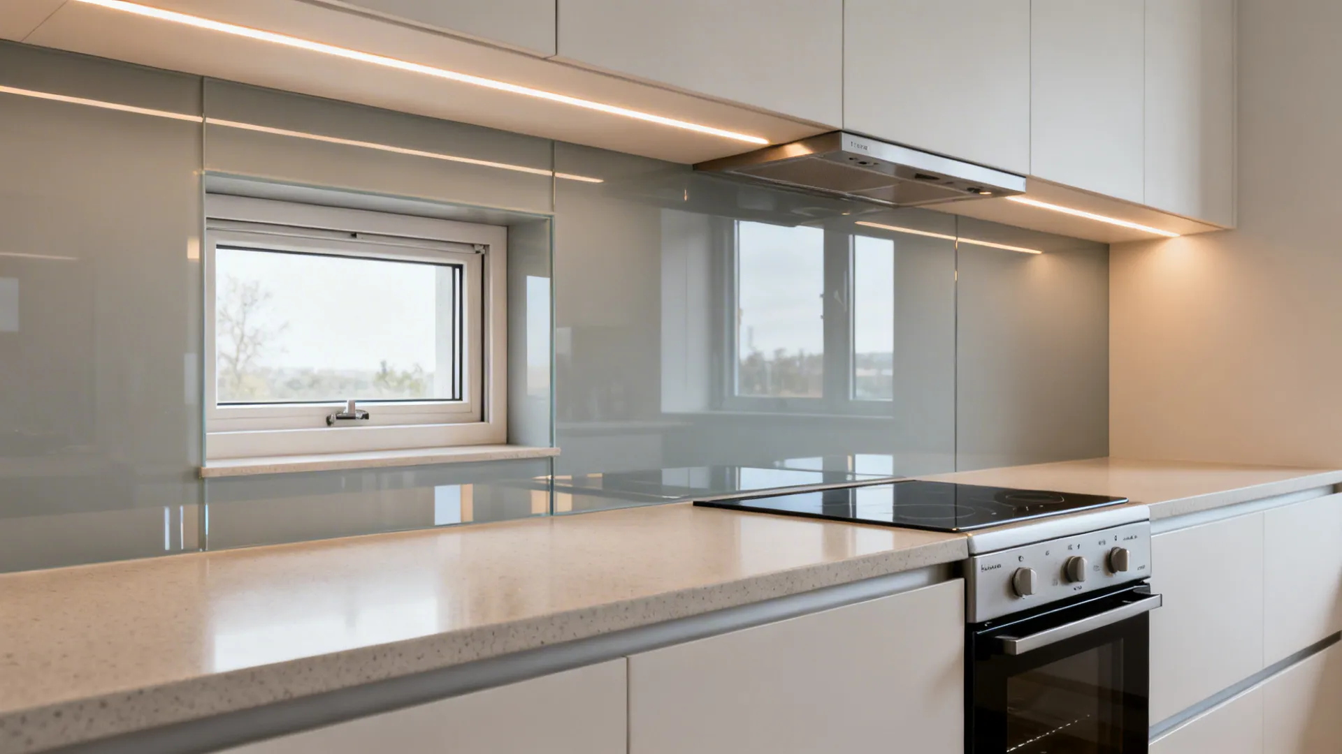 Small kitchen with pale gray low-iron glass backsplash reflecting soft daylight for depth and brightness.