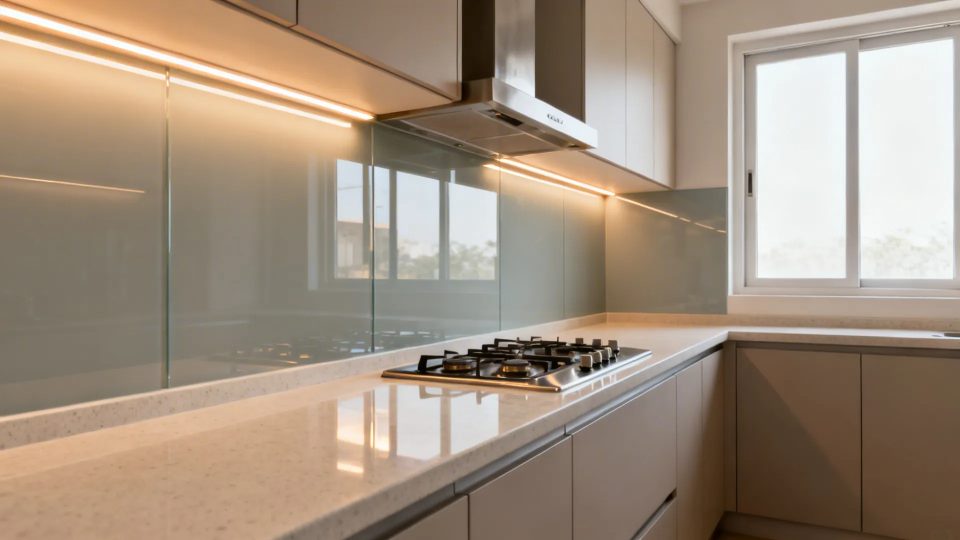 Wide view of a light grey glass backsplash reflecting warm under-cabinet LEDs above a pale quartz counter.