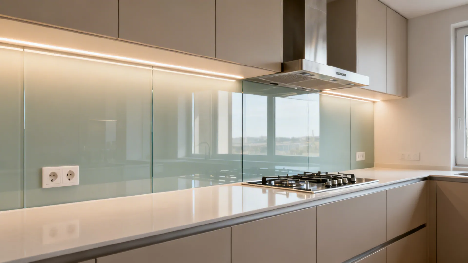 Modern kitchen with glass wall panels white countertop stove and warm light under the top cabinets
