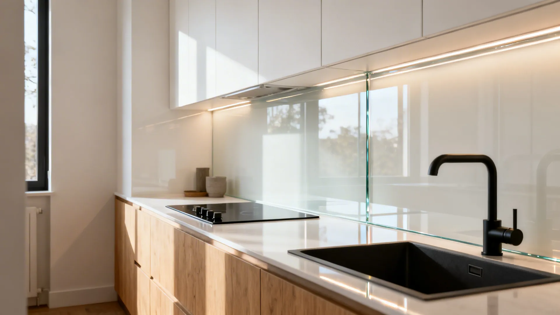 Back-painted low-iron glass backsplash reflecting light in a compact L-shaped kitchen.