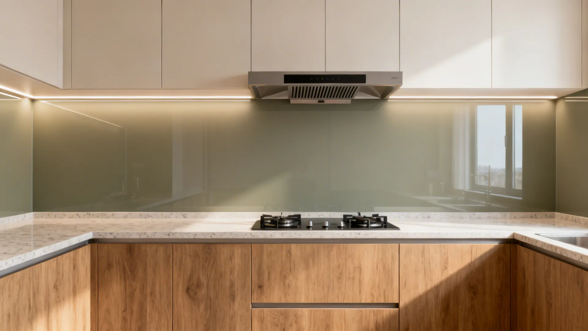8x12 kitchen with a satin back-painted glass backsplash, under-cabinet LED lighting, and quartz top.