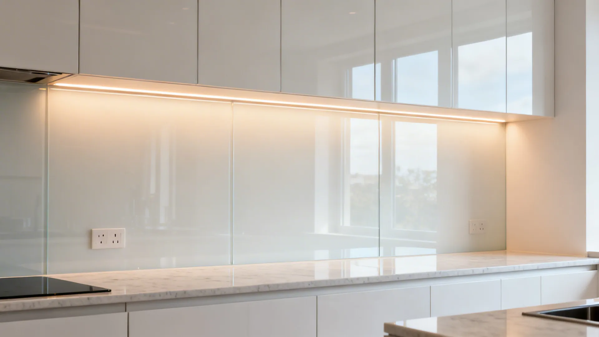 Low-iron glass backsplash reflecting under-cabinet LED light in a compact kitchen.
