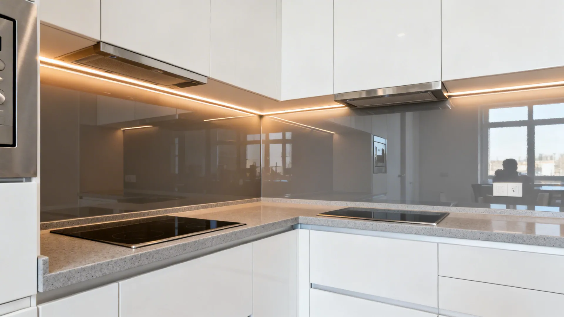 Small modern kitchen with a warm gray glass backsplash reflecting soft LED lighting.
