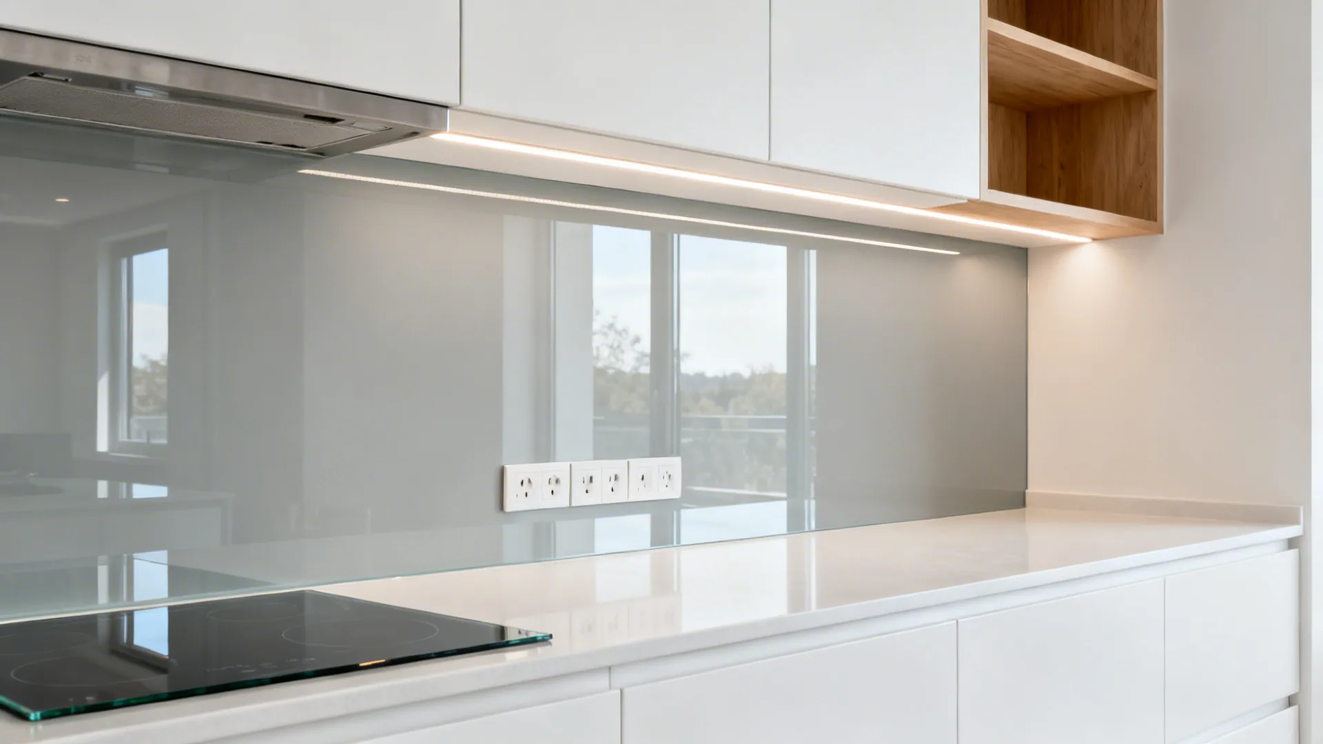 Small kitchen with pale gray low-iron glass backsplash reflecting warm under-cabinet light.