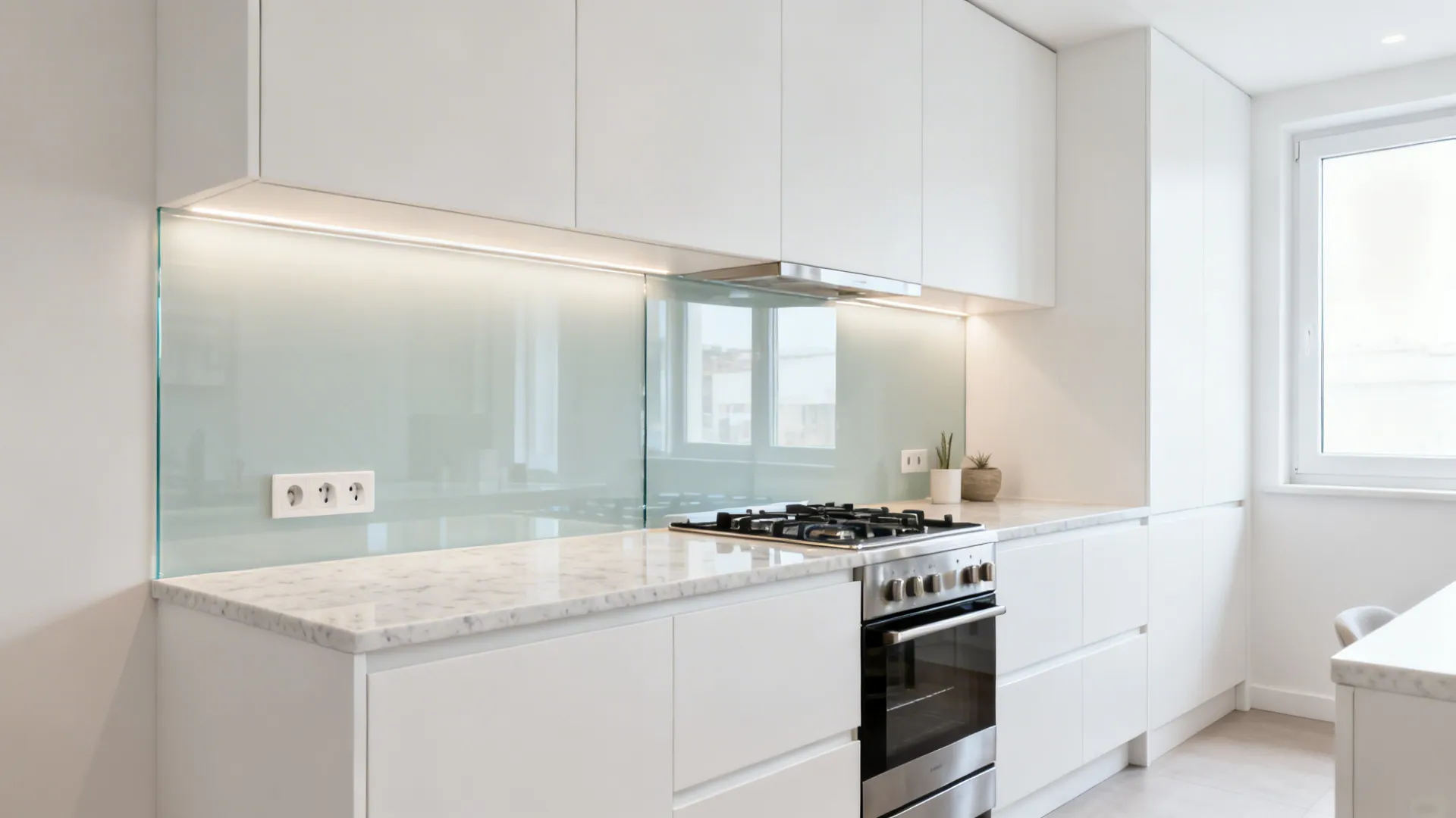 Compact kitchen with a seamless low-iron back-painted glass backsplash reflecting light.