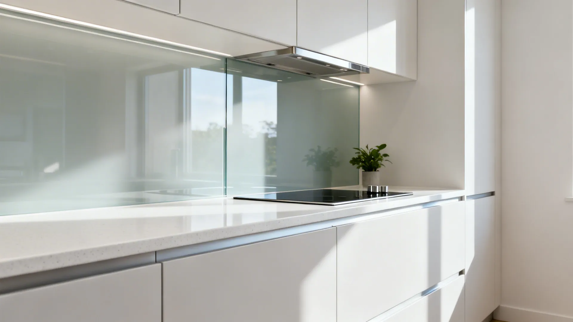 Glass backsplash for light and depth