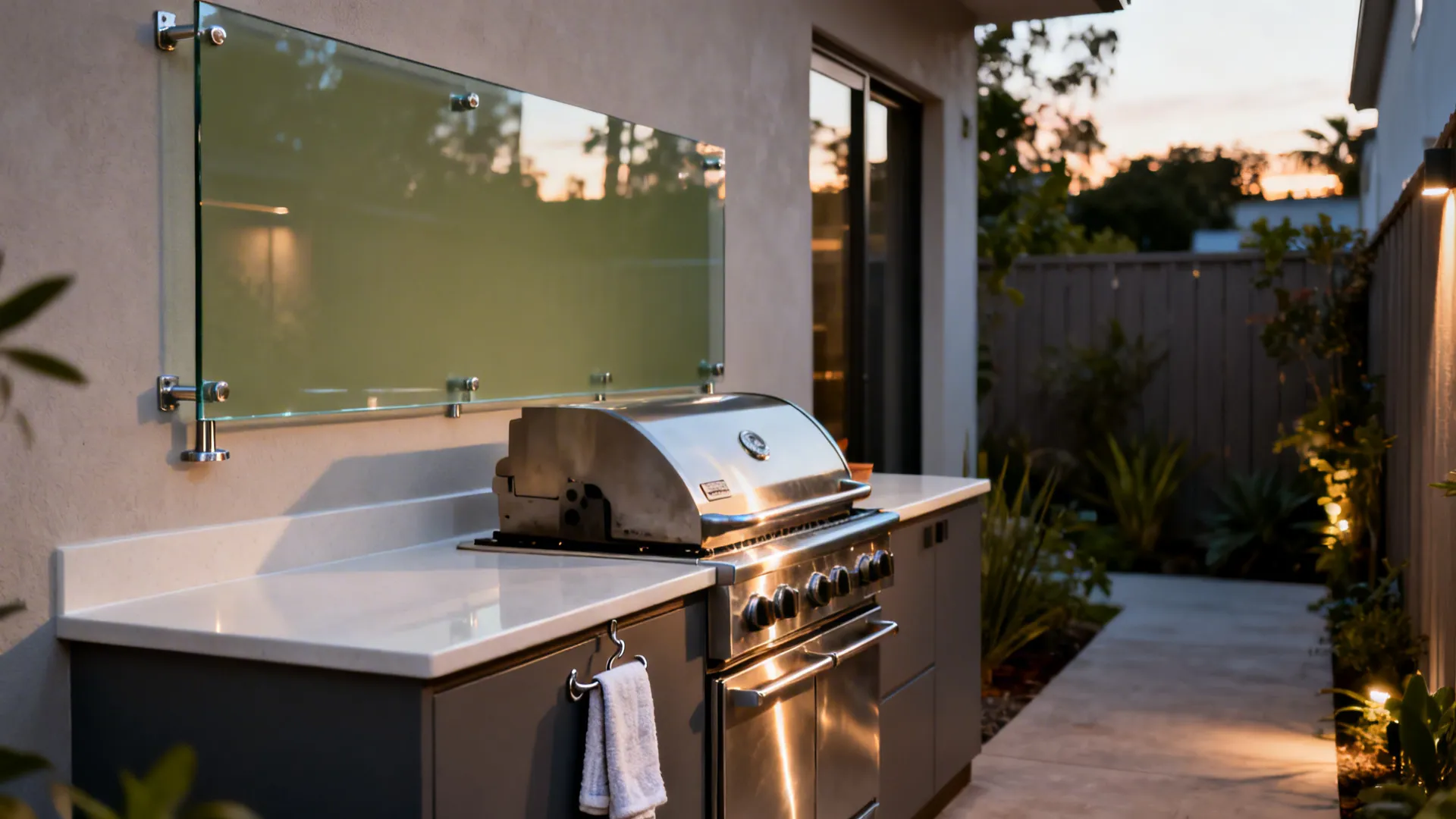 Tempered glass backsplash on standoffs behind a stainless outdoor grill reflecting light