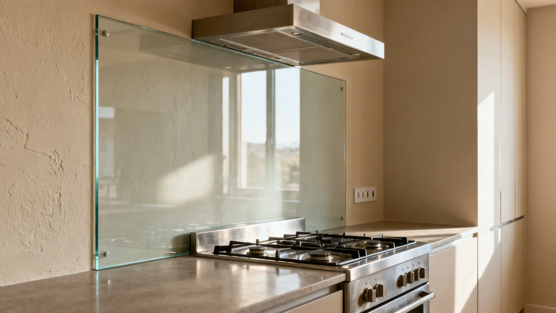 Full-height clear glass backsplash over painted wall reflects light in a modern kitchen.
