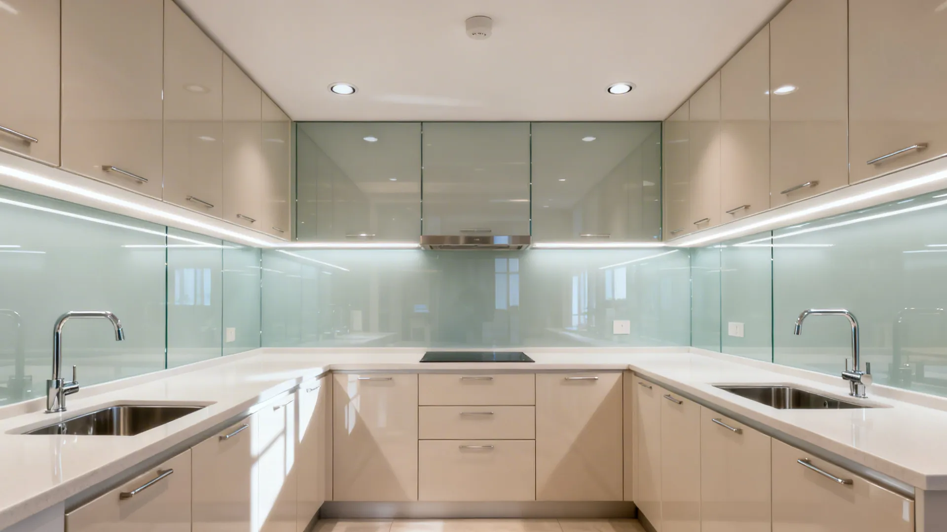 12x12 kitchen with low-iron glass backsplash, pale cabinets, and layered lighting.