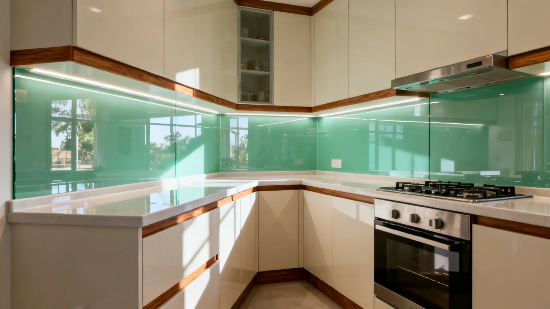 Sea-glass green tempered glass backsplash reflecting soft daylight in a small kitchen.