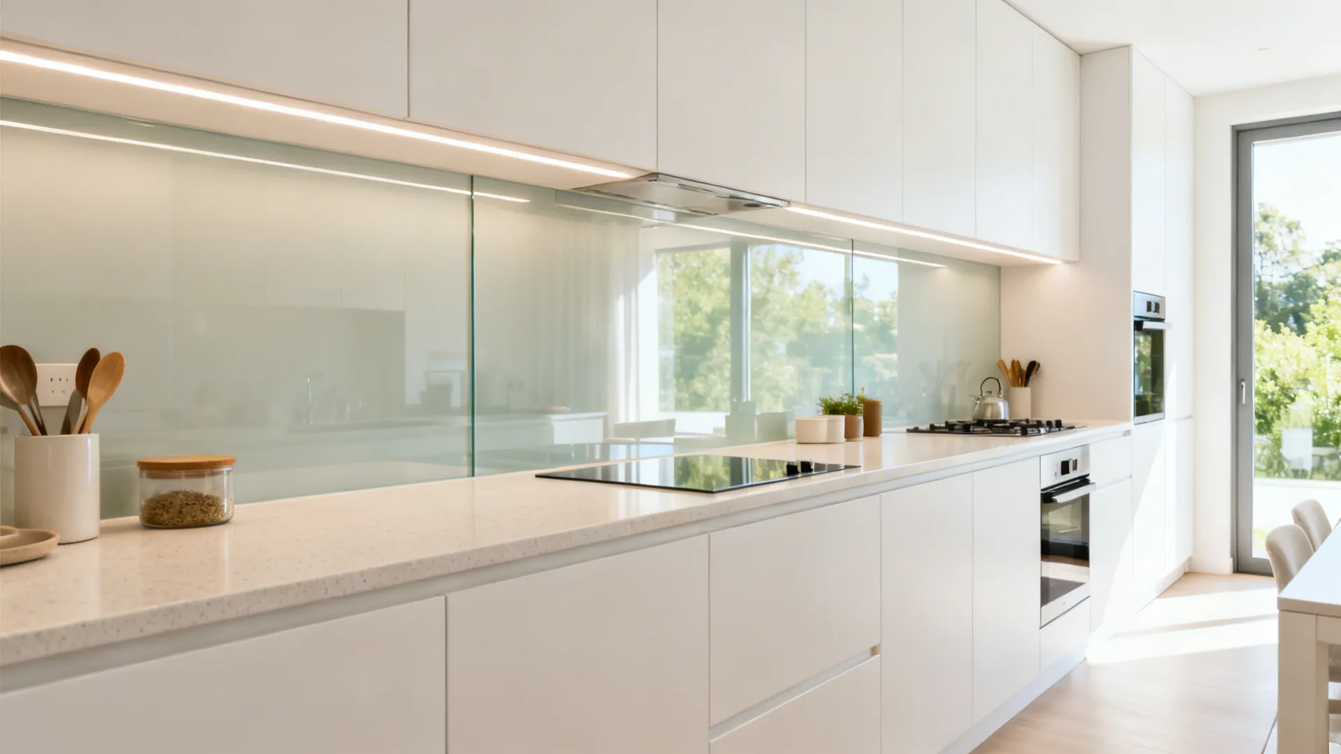 Low-iron glass backsplash in a bright HDB galley kitchen with white cabinets.